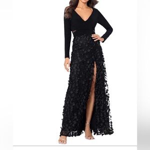 Xscape Long Sleeve 3D Pedal Embellished Maxi Gown